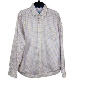 J McLaughlin Mens Shirt Medium White Check Long Sleeve Preppy Pocket Button Up